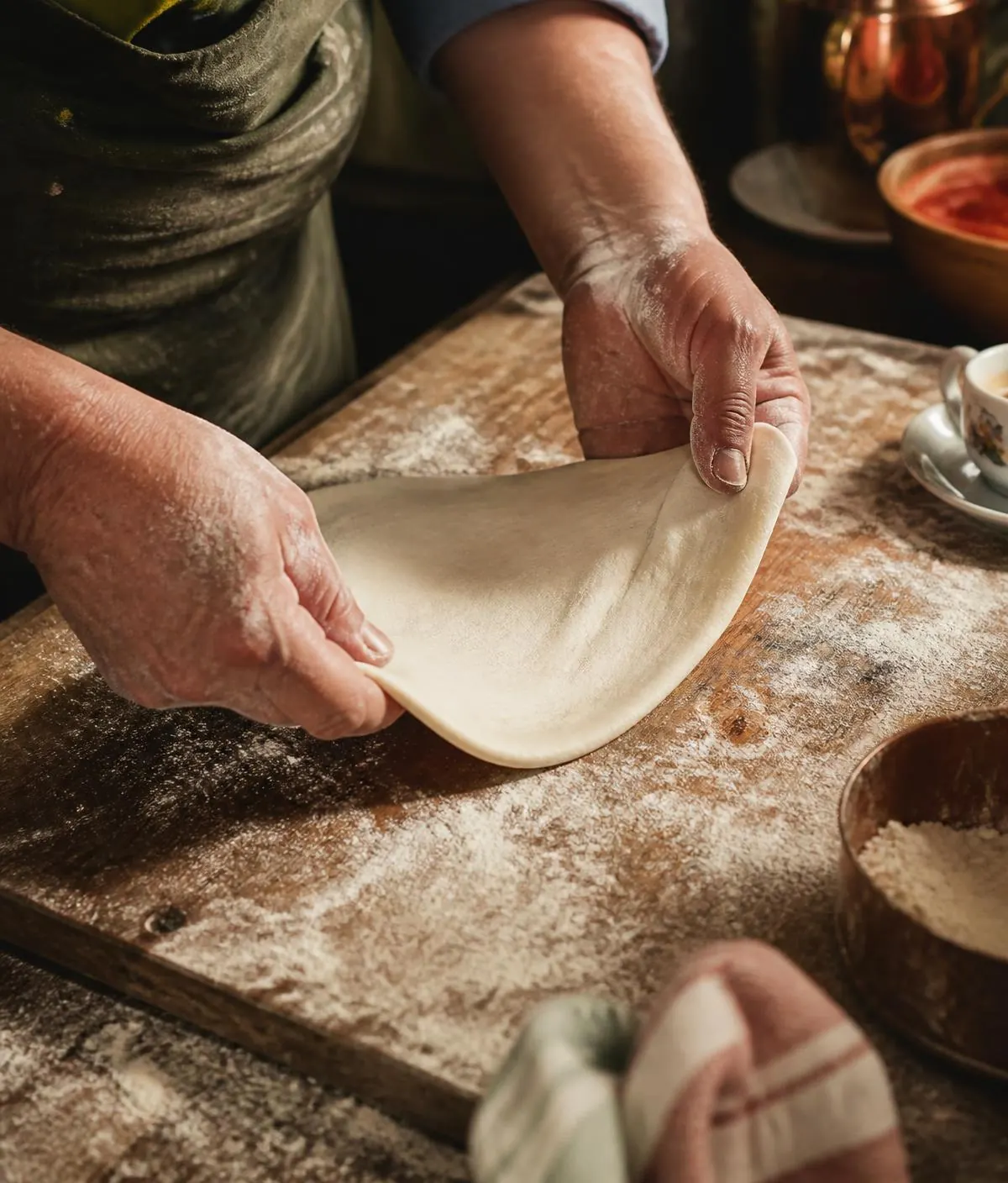 Flour-dusted hands stretching pizza dough on a wooden prep table